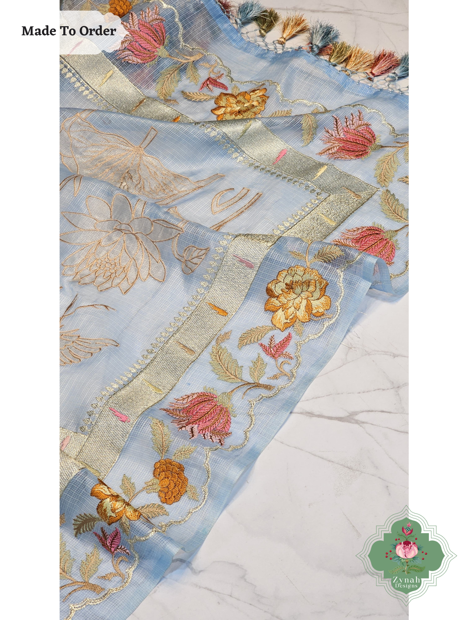 Zynah Made To Order Blue Kota Tussar Silk Saree With Embroidery; Custom Stitched/Ready-made Blouse, Fall, Petticoat; SKU: 1510202501