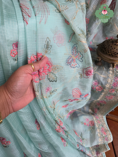 Summer Barefoot Blue Kota Tussar Silk Saree With Embroidery