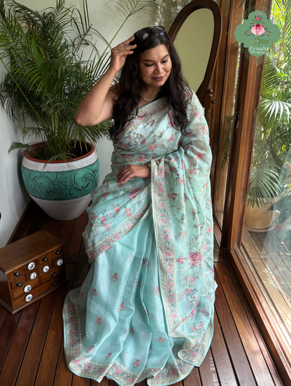 Summer Barefoot Blue Kota Tussar Silk Saree With Embroidery