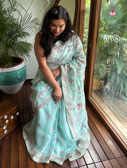 Summer Barefoot Blue Kota Tussar Silk Saree With Embroidery