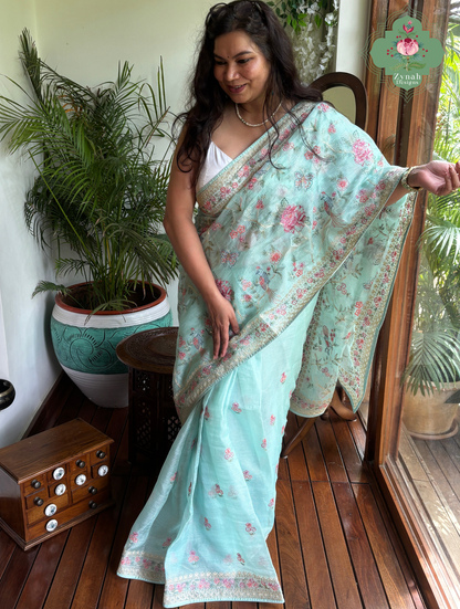 Summer Barefoot Blue Kota Tussar Silk Saree With Embroidery