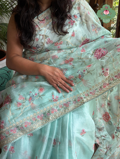 Summer Barefoot Blue Kota Tussar Silk Saree With Embroidery