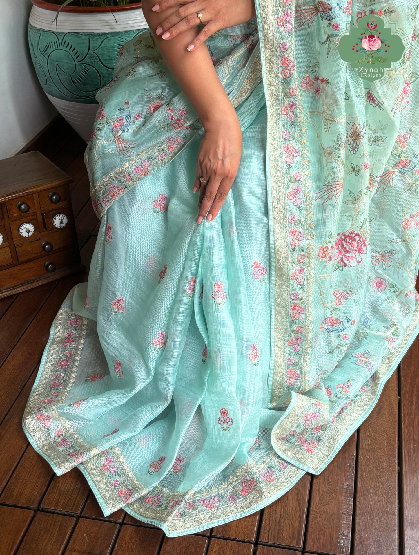 Summer Barefoot Blue Kota Tussar Silk Saree With Embroidery