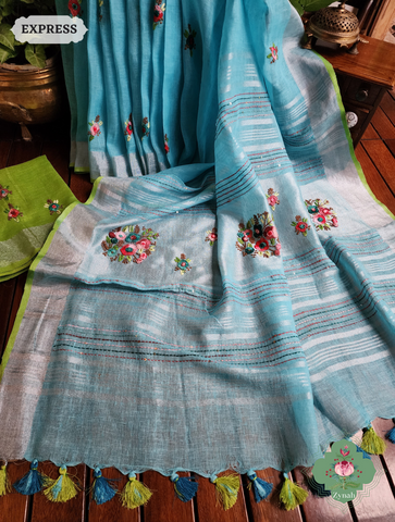 Blue Organic Linen Saree With Hand Frenchknot Embroidery and Kantha Work Pallu 1