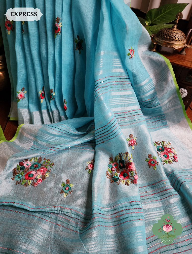 Blue Organic Linen Saree With Hand Frenchknot Embroidery and Kantha Work Pallu 3