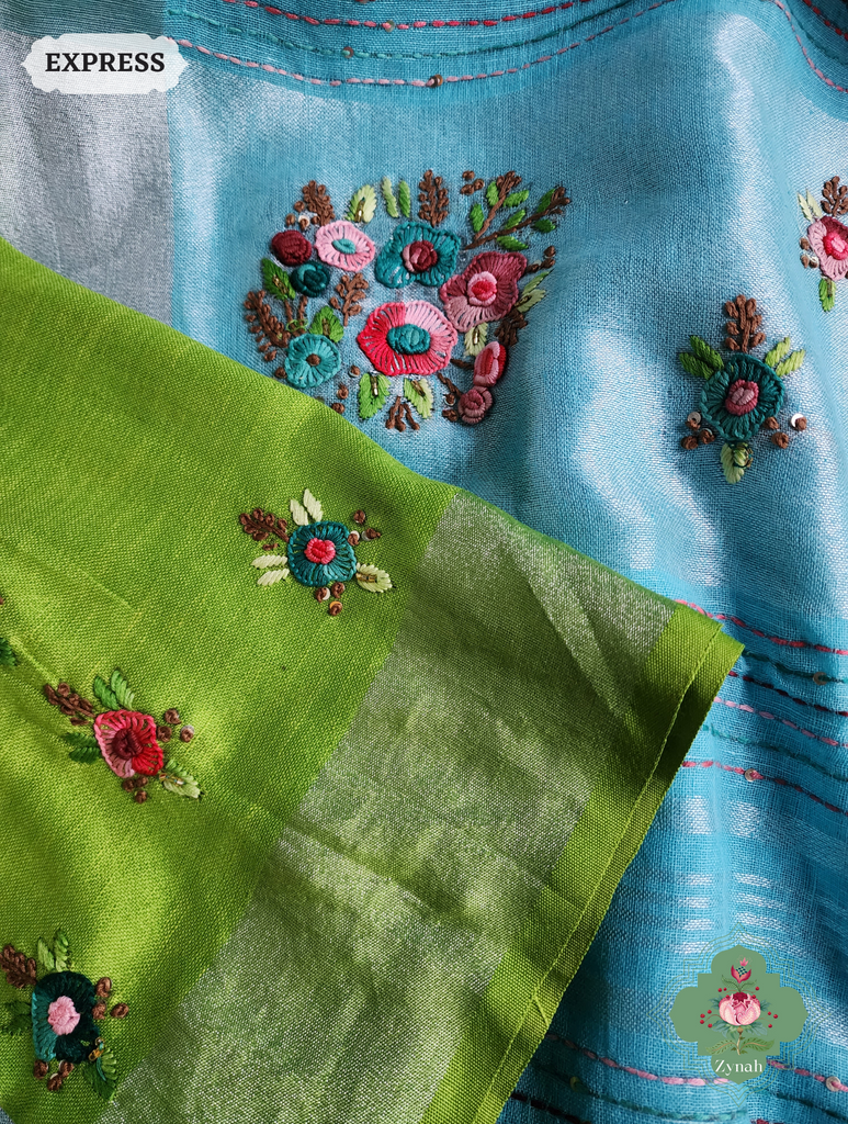 Blue Organic Linen Saree With Hand Frenchknot Embroidery and Kantha Work Pallu 6