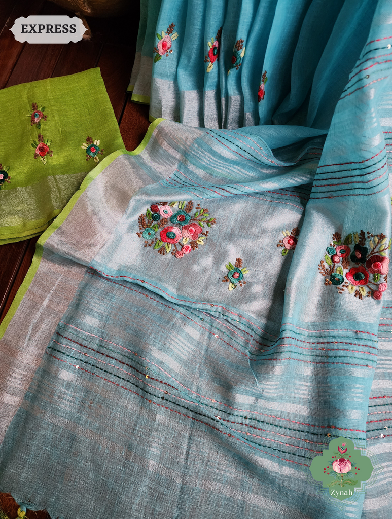 Blue Organic Linen Saree With Hand Frenchknot Embroidery and Kantha Work Pallu 7