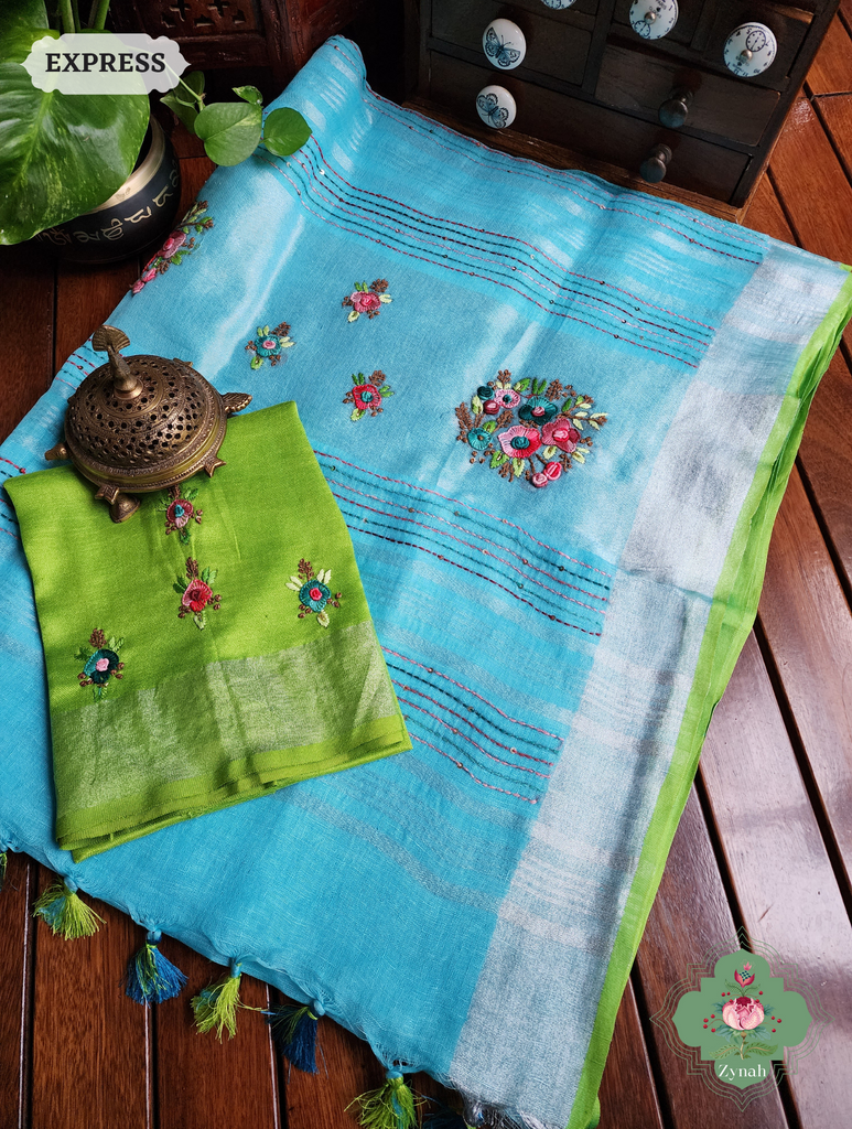 Blue Organic Linen Saree With Hand Frenchknot Embroidery and Kantha Work Pallu 9