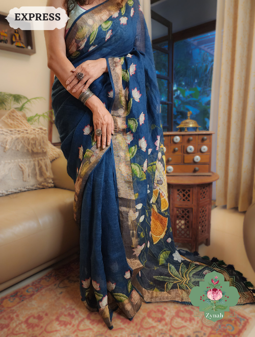 Zynah Blue Linen Saree With Pichwai Print; Custom Stitched/Ready-made Blouse, Fall, Petticoat; SKU: 2504202301