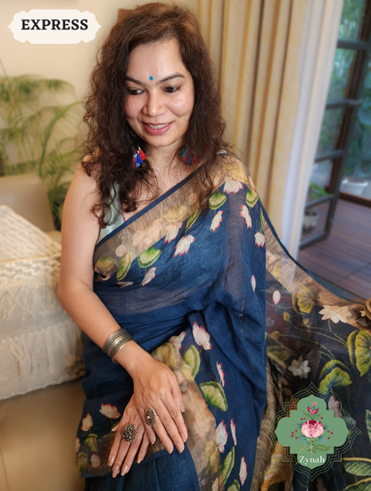Zynah Blue Linen Saree With Pichwai Print; Custom Stitched/Ready-made Blouse, Fall, Petticoat; SKU: 2504202301