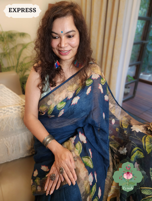Zynah Blue Linen Saree With Pichwai Print; Custom Stitched/Ready-made Blouse, Fall, Petticoat; SKU: 2504202301