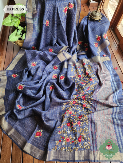 Blue Linen Silk Saree With Frenchknot Hand Embroidery 1