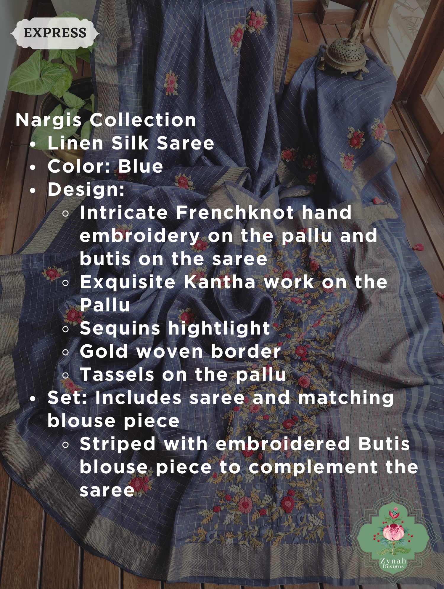 Blue Linen Silk Saree With Frenchknot Hand Embroidery 2