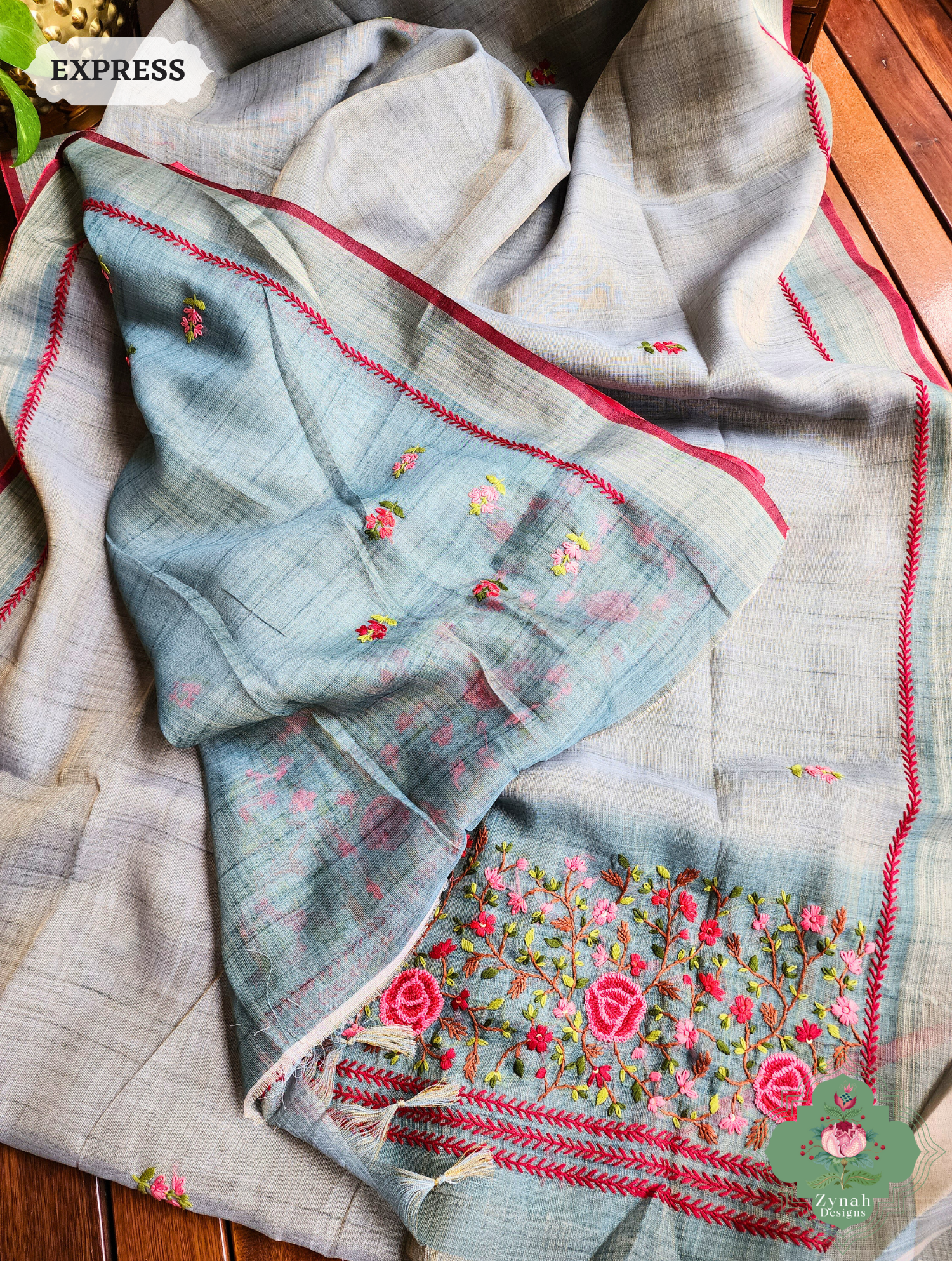 Blue Linen Tissue Saree With Frenchknot Hand Embroidery 7