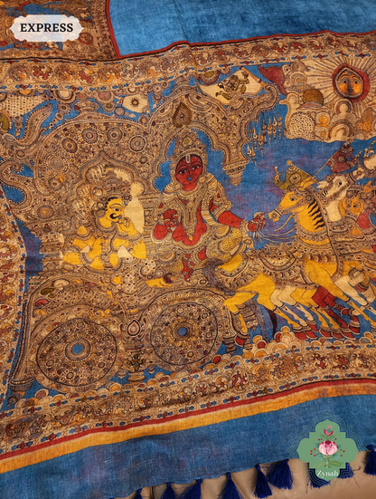 Blue Organic Linen Saree With Kalamkari Print 10