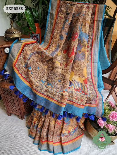 Blue Organic Linen Saree With Kalamkari Print 1