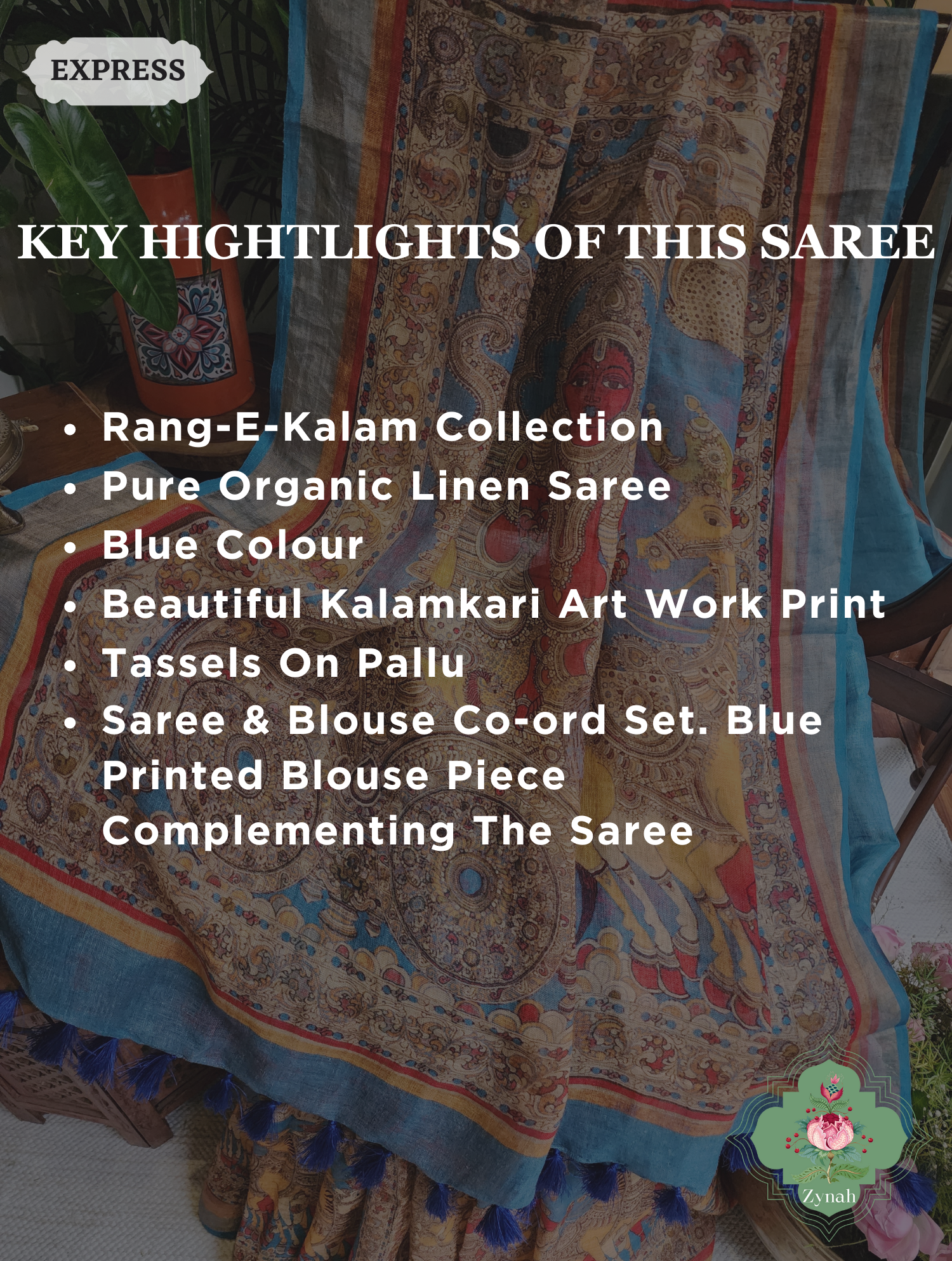 Blue Organic Linen Saree With Kalamkari Print 2