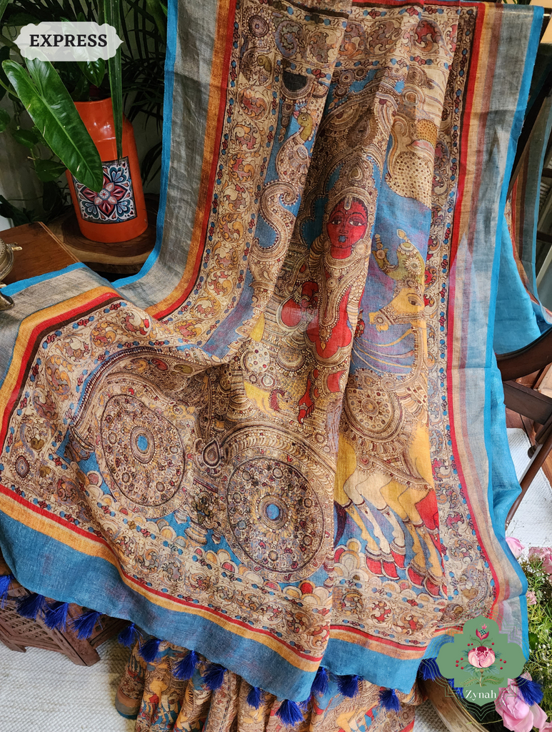 Blue Organic Linen Saree With Kalamkari Print 3