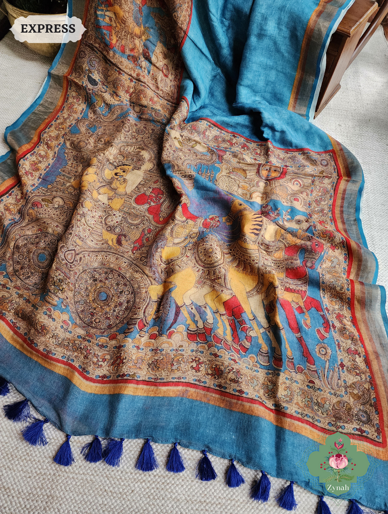 Blue Organic Linen Saree With Kalamkari Print 6