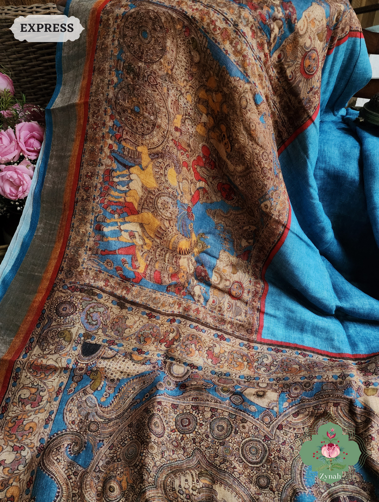 Blue Organic Linen Saree With Kalamkari Print 7