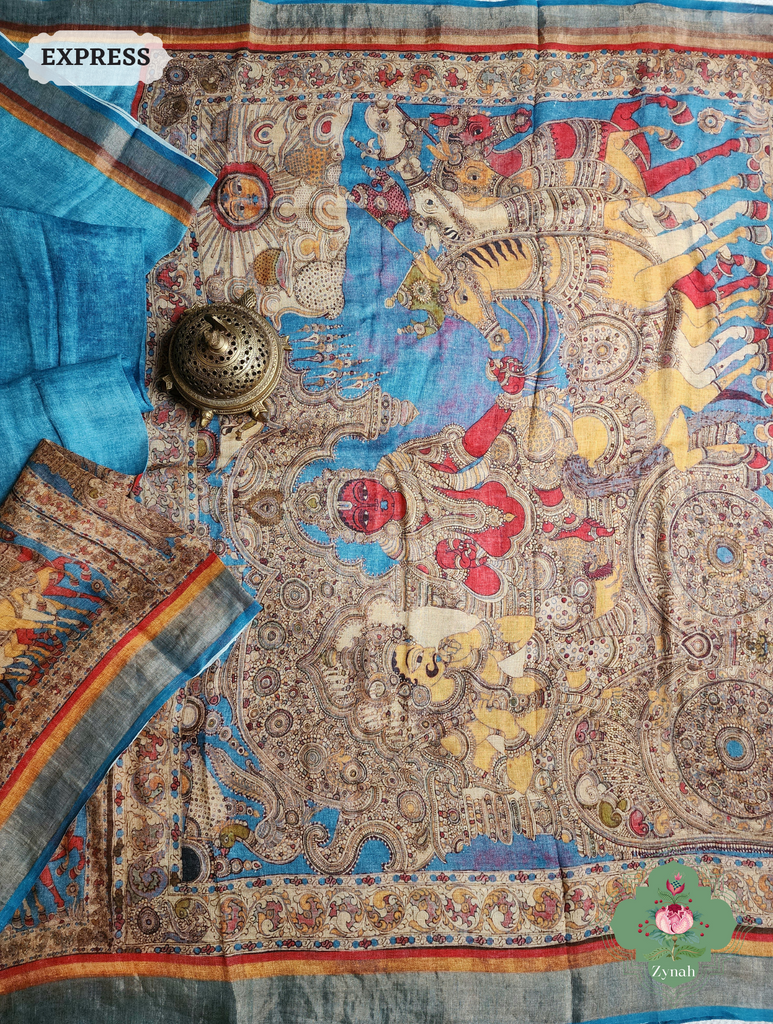 Blue Organic Linen Saree With Kalamkari Print 9