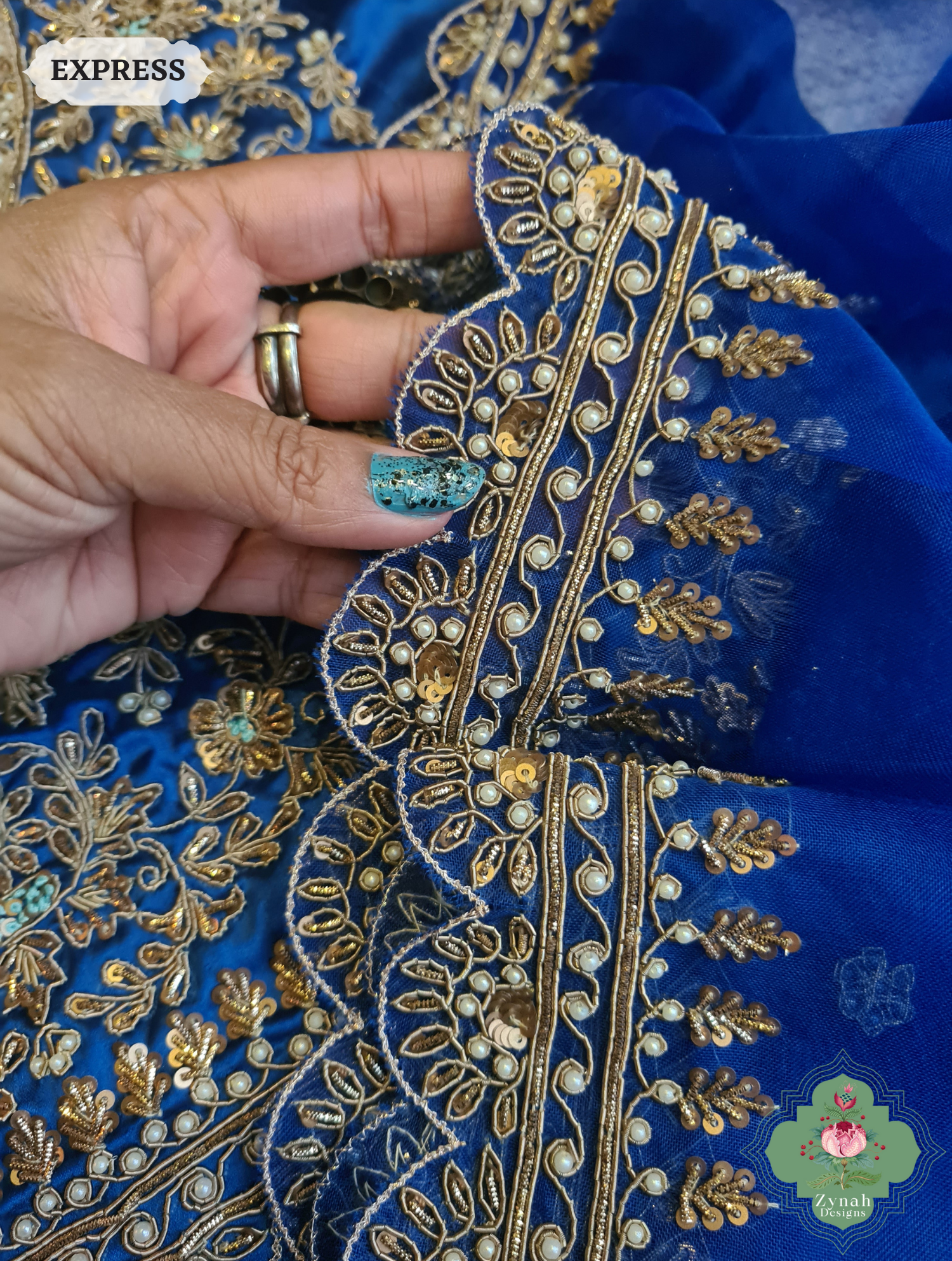Royal Blue Pure Organza Silk Saree with Zardozi, Pearl beads and Sequins Hand Embroidery10