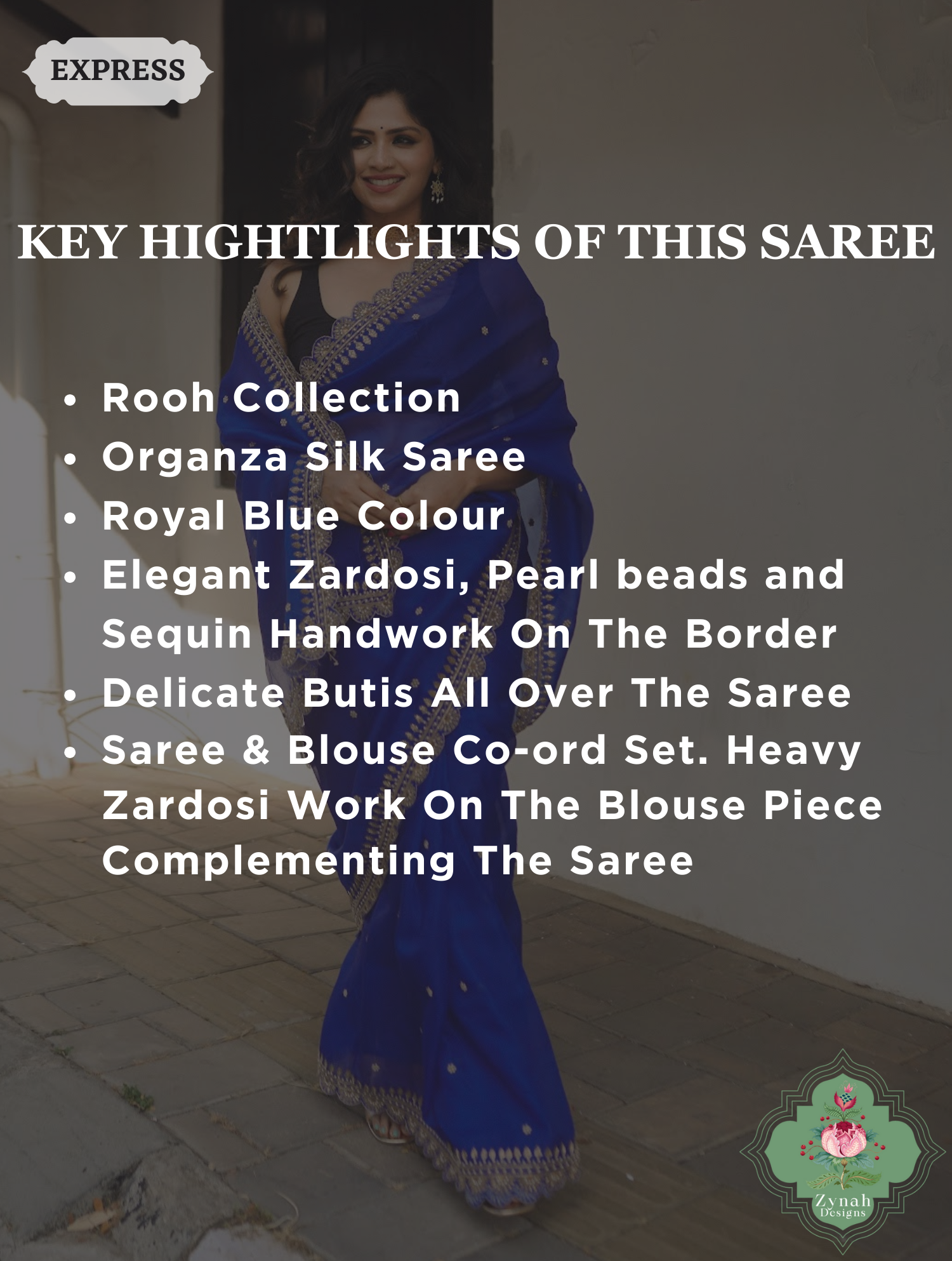 Royal Blue Pure Organza Silk Saree with Zardozi, Pearl beads and Sequins Hand Embroidery2