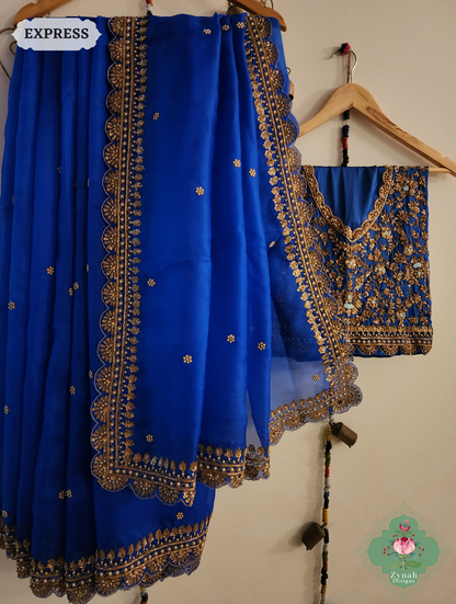 Royal Blue Pure Organza Silk Saree with Zardozi, Pearl beads and Sequins Hand Embroidery8
