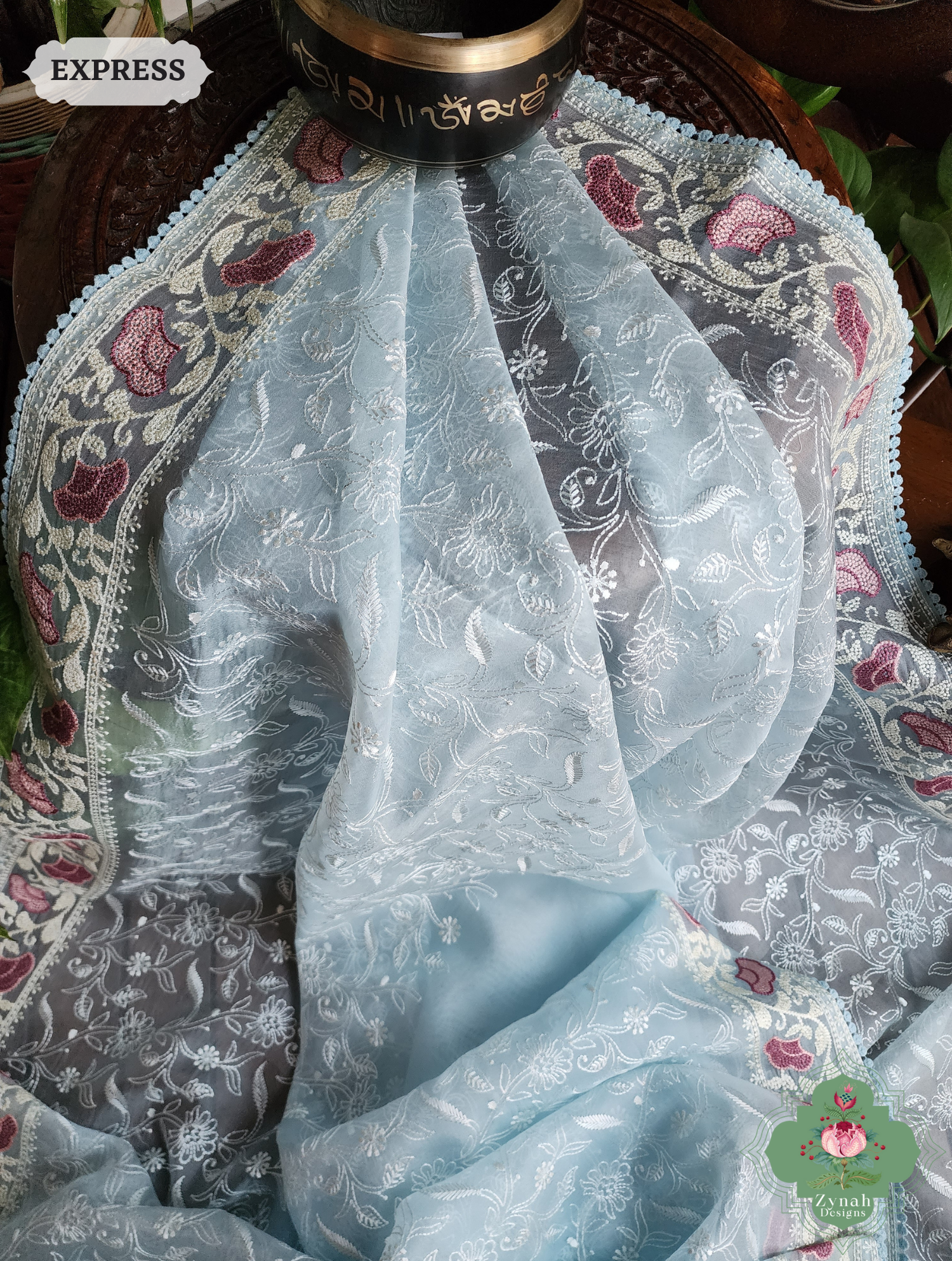 Powder Blue Organza Silk Saree With Chikankari Inspired Embroidery 4