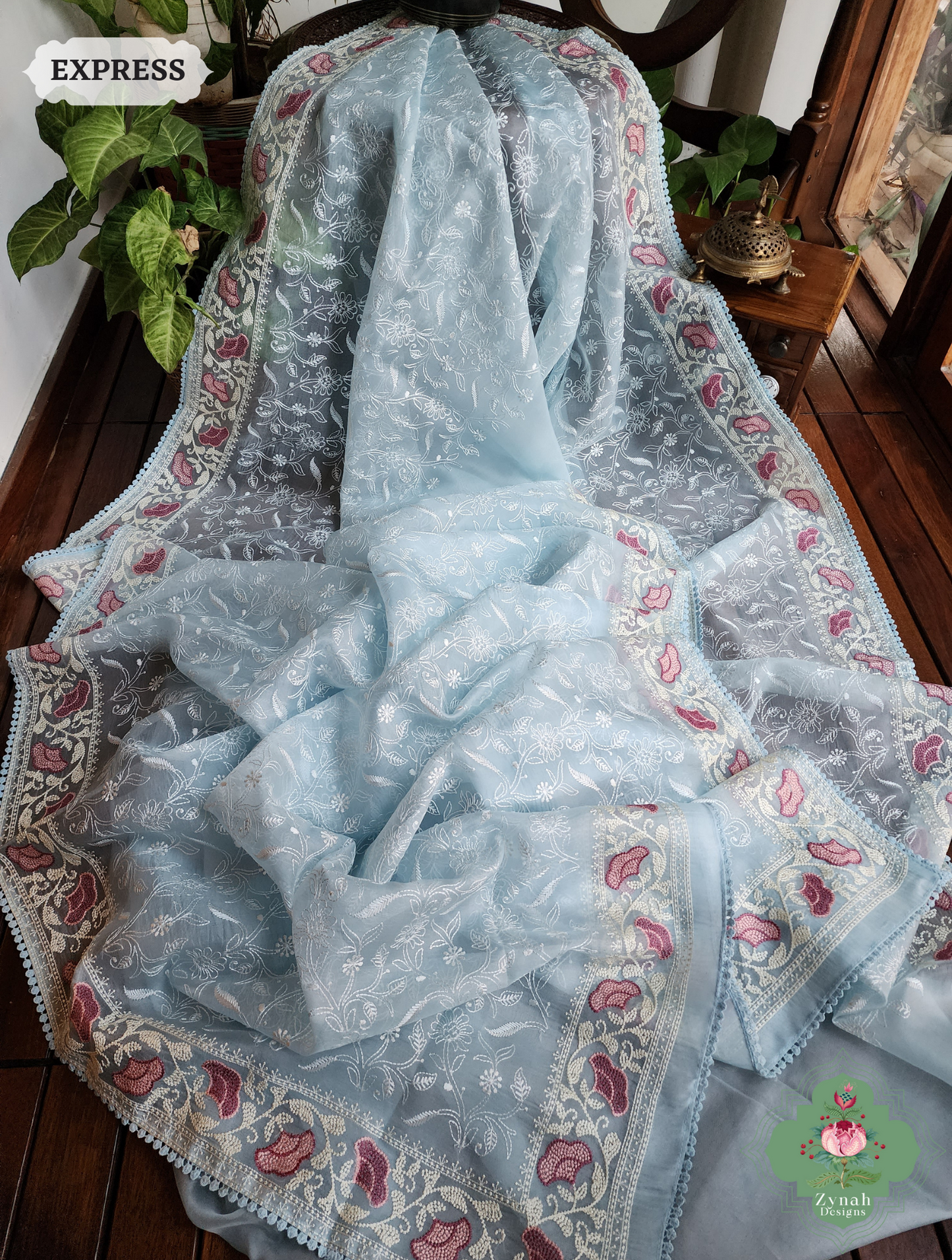 Powder Blue Organza Silk Saree With Chikankari Inspired Embroidery 8