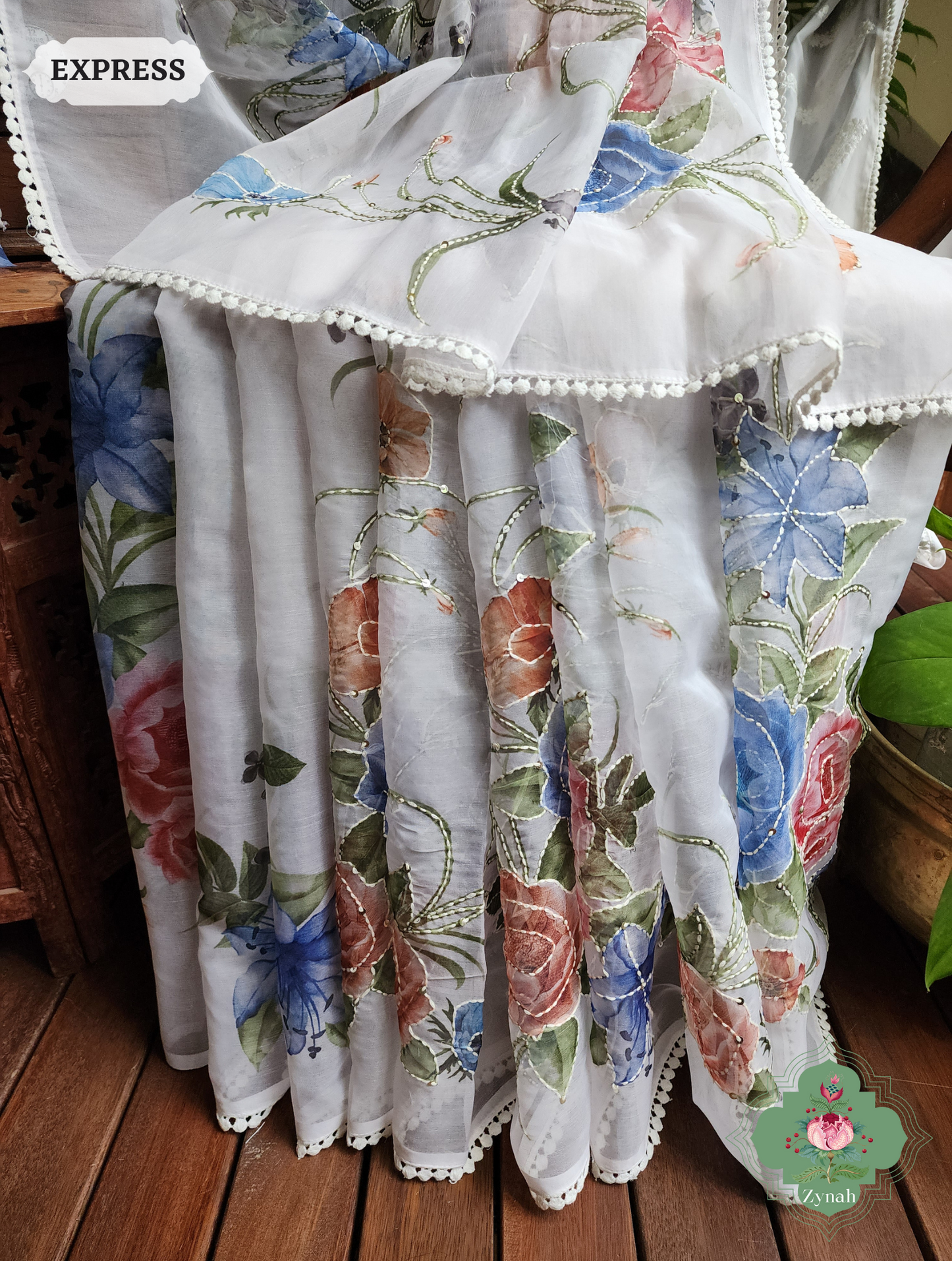 Zynah Off White / Blue Organza Silk Saree With Floral Print & Kantha, Sequins & Chikankari Work; Custom Stitched/Ready-made Blouse, Fall, Petticoat; SKU: 3007202301
