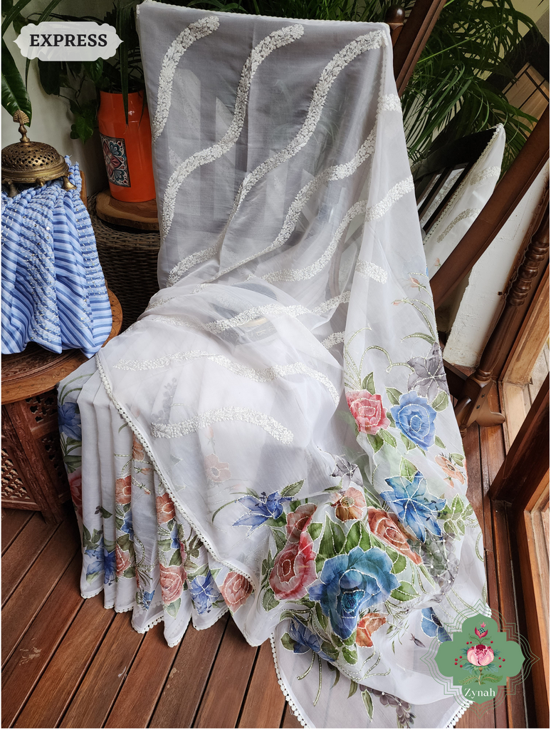 Zynah Off White / Blue Organza Silk Saree With Floral Print & Kantha, Sequins & Chikankari Work; Custom Stitched/Ready-made Blouse, Fall, Petticoat; SKU: 3007202301