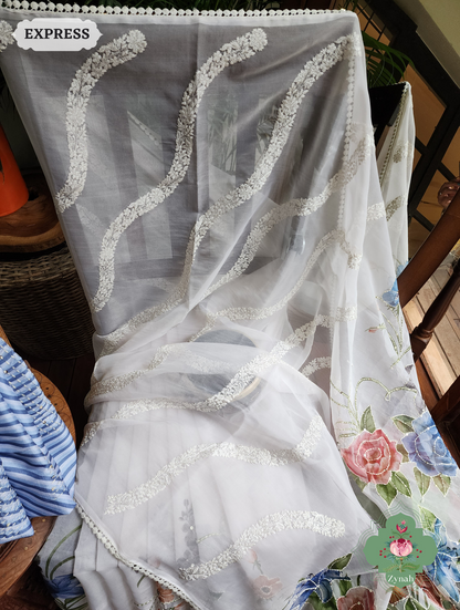 Zynah Off White / Blue Organza Silk Saree With Floral Print & Kantha, Sequins & Chikankari Work; Custom Stitched/Ready-made Blouse, Fall, Petticoat; SKU: 3007202301