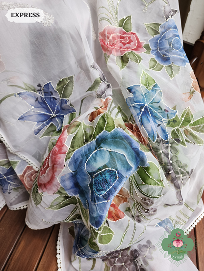 Zynah Off White / Blue Organza Silk Saree With Floral Print & Kantha, Sequins & Chikankari Work; Custom Stitched/Ready-made Blouse, Fall, Petticoat; SKU: 3007202301