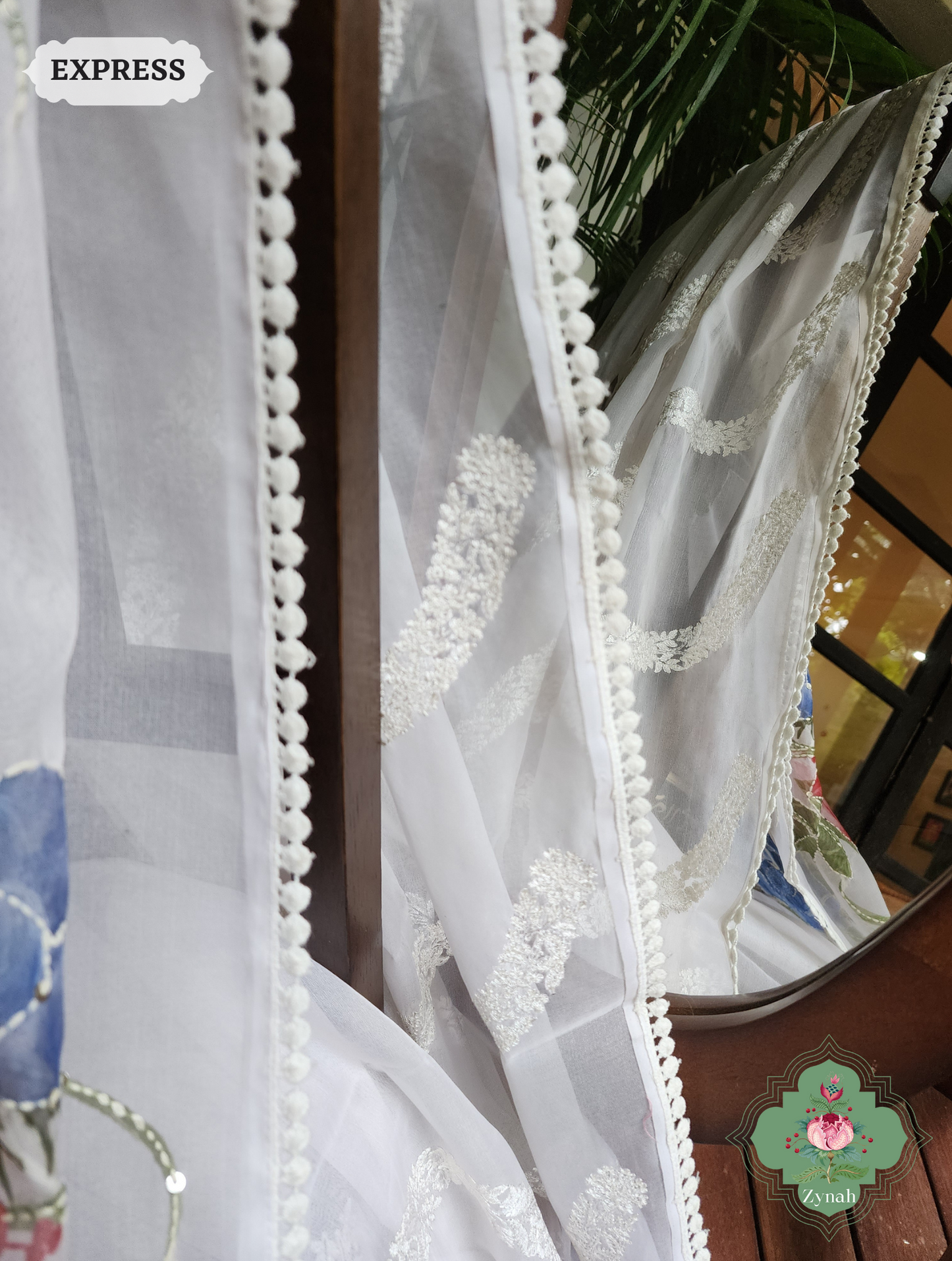 Zynah Off White / Blue Organza Silk Saree With Floral Print & Kantha, Sequins & Chikankari Work; Custom Stitched/Ready-made Blouse, Fall, Petticoat; SKU: 3007202301