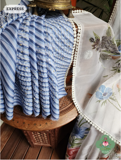 Zynah Off White / Blue Organza Silk Saree With Floral Print & Kantha, Sequins & Chikankari Work; Custom Stitched/Ready-made Blouse, Fall, Petticoat; SKU: 3007202301