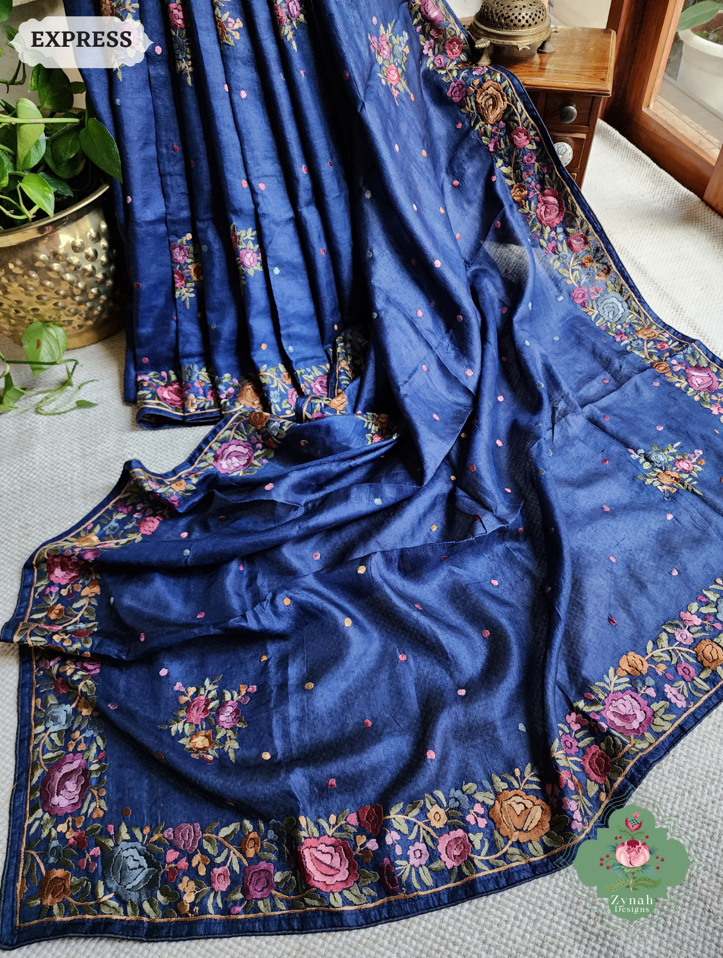 Zynah Made To Order Blue Pure Tussar Silk Hand Embroidered Authentic Parsi Gara Saree; Custom Stitched/Ready-made Blouse, Fall, Petticoat; SKU: 2312202403