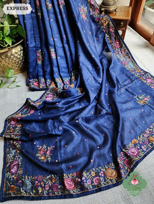 Zynah Made To Order Blue Pure Tussar Silk Hand Embroidered Authentic Parsi Gara Saree; Custom Stitched/Ready-made Blouse, Fall, Petticoat; SKU: 2312202403