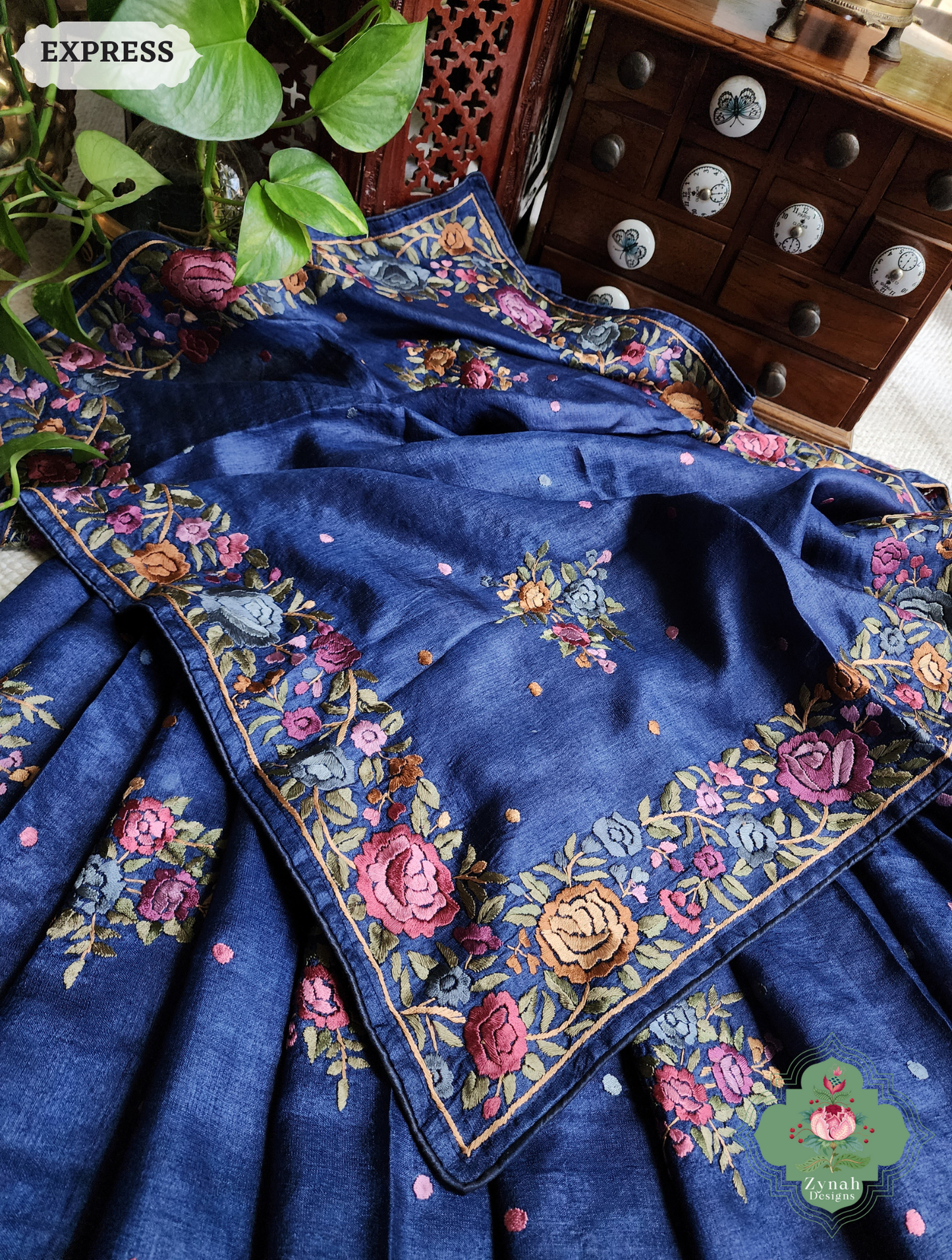 Zynah Made To Order Blue Pure Tussar Silk Hand Embroidered Authentic Parsi Gara Saree; Custom Stitched/Ready-made Blouse, Fall, Petticoat; SKU: 2312202403