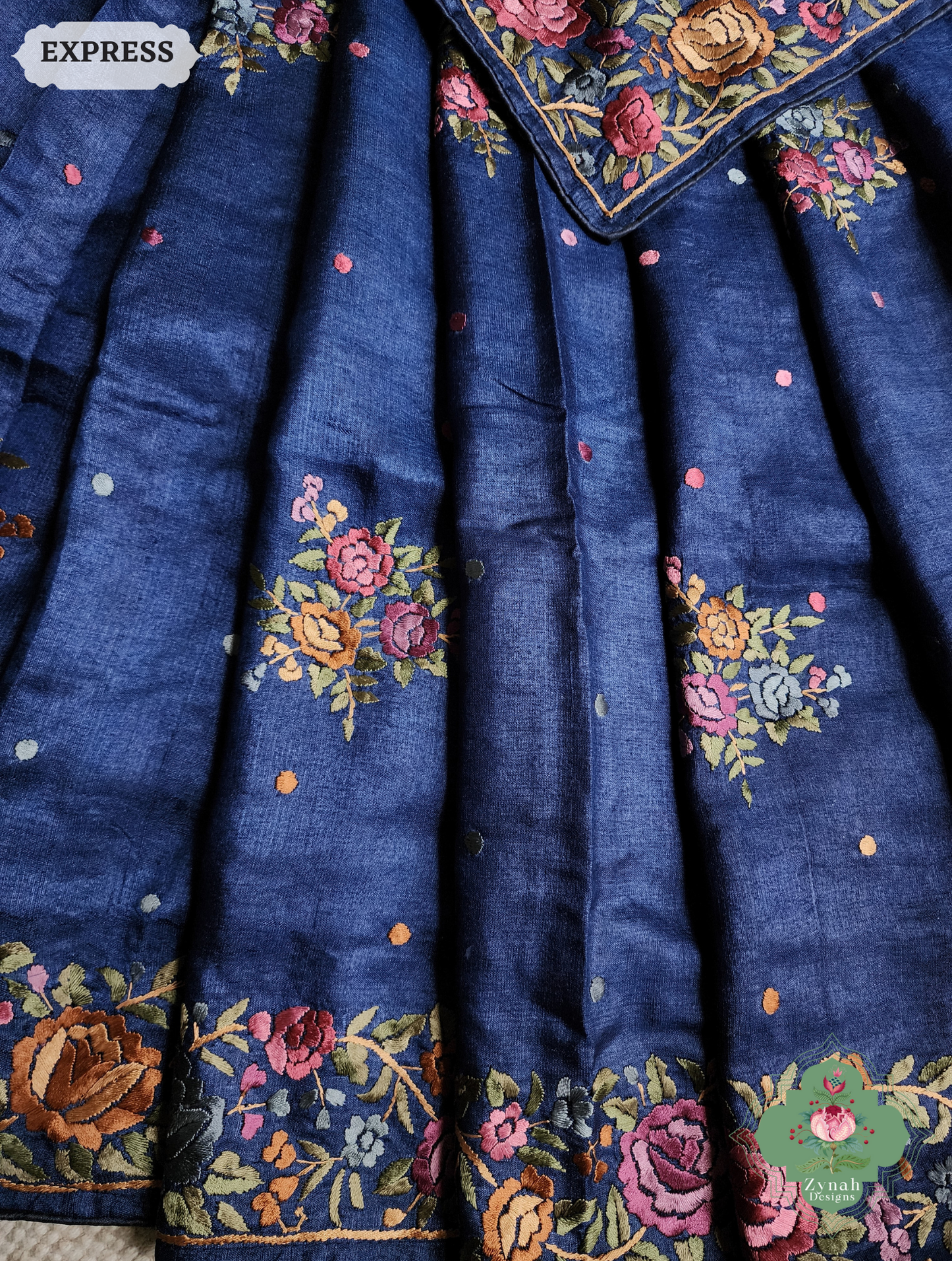 Zynah Made To Order Blue Pure Tussar Silk Hand Embroidered Authentic Parsi Gara Saree; Custom Stitched/Ready-made Blouse, Fall, Petticoat; SKU: 2312202403