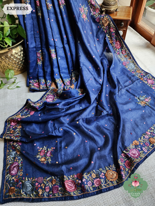 Zynah Blue Pure Tussar Silk Hand Embroidered Authentic Parsi Gara Saree; Custom Stitched/Ready-made Blouse, Fall, Petticoat; SKU: 2312202403