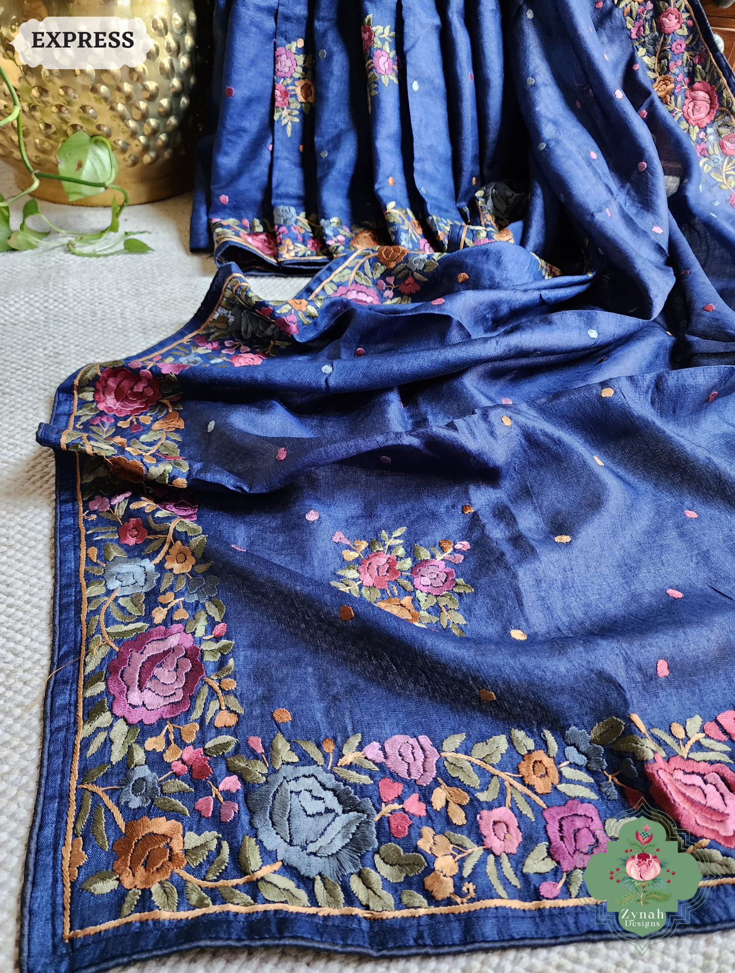 Zynah Made To Order Blue Pure Tussar Silk Hand Embroidered Authentic Parsi Gara Saree; Custom Stitched/Ready-made Blouse, Fall, Petticoat; SKU: 2312202403