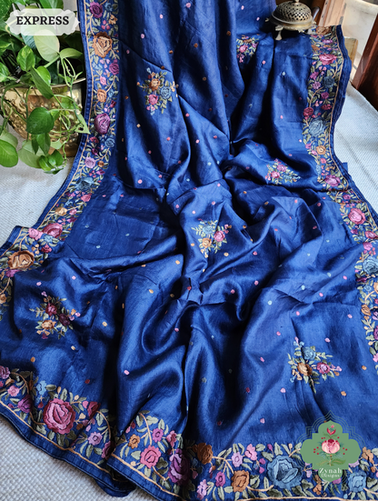 Zynah Made To Order Blue Pure Tussar Silk Hand Embroidered Authentic Parsi Gara Saree; Custom Stitched/Ready-made Blouse, Fall, Petticoat; SKU: 2312202403