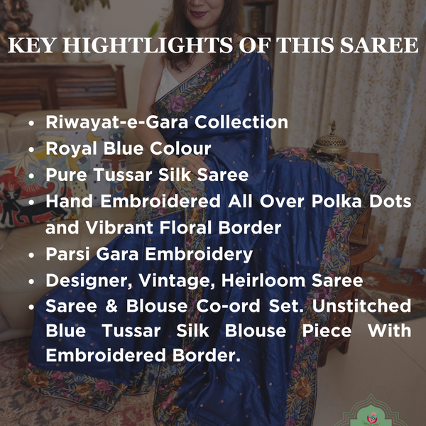 Blue Pure Tussar Silk Hand Embroidered Parsi Gara Saree 02