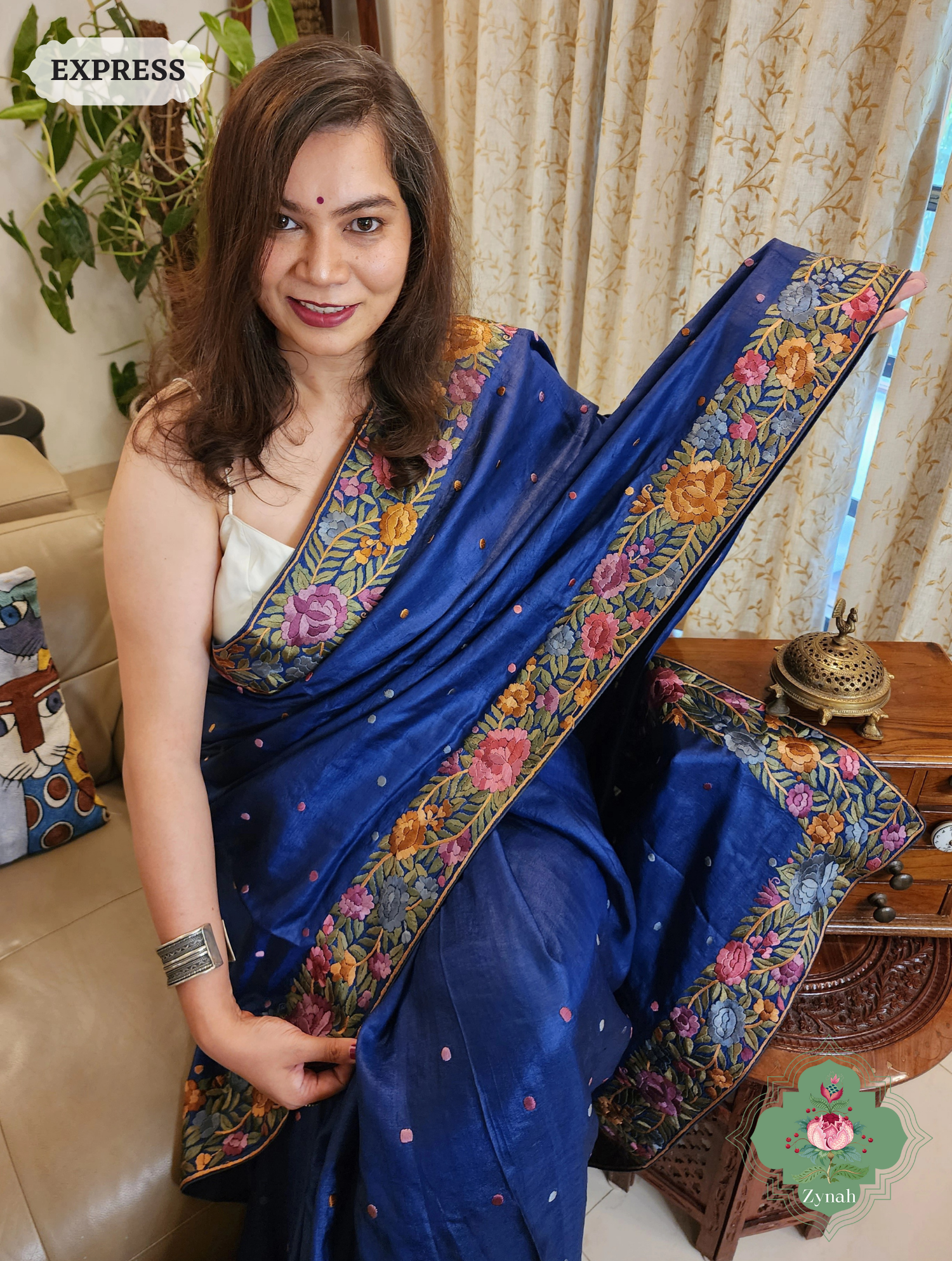 Blue Pure Tussar Silk Hand Embroidered Parsi Gara Saree 06