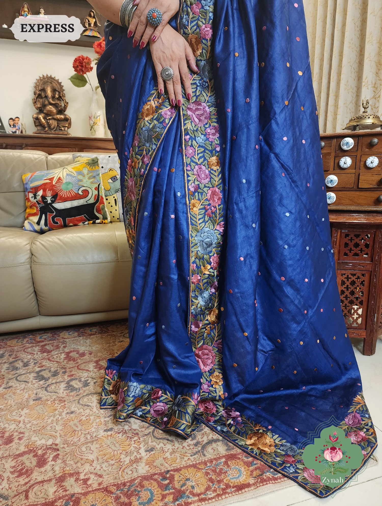 Blue Pure Tussar Silk Hand Embroidered Parsi Gara Saree 07