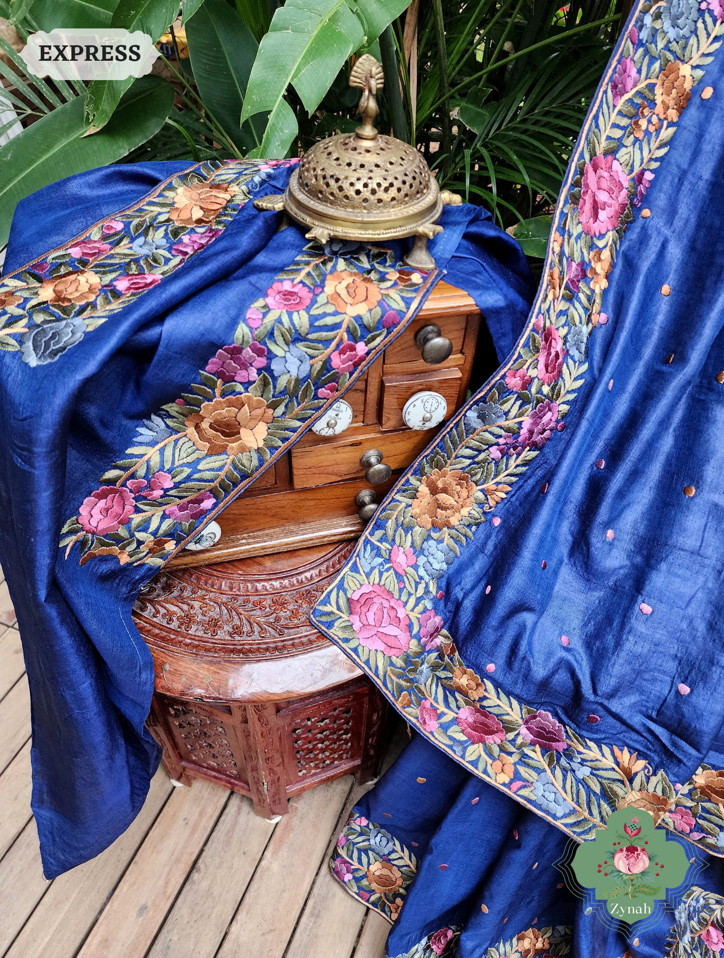 Blue Pure Tussar Silk Hand Embroidered Parsi Gara Saree 08