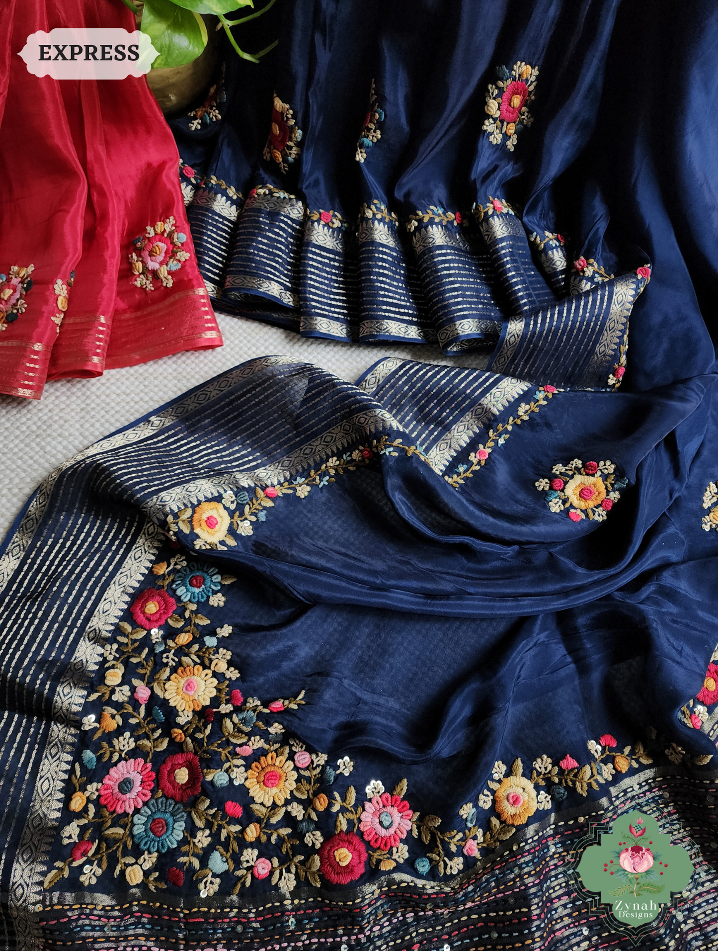 Zynah Blue Satin Silk Saree With Kantha Work Pallu & French Knot Hand Embroidery; Custom Stitched/Ready-made Blouse, Fall, Petticoat; SKU: 0710202406