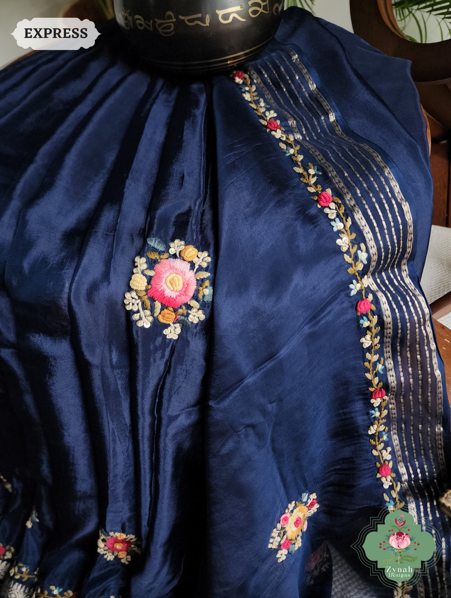 Zynah Blue Satin Silk Saree With Kantha Work Pallu & French Knot Hand Embroidery; Custom Stitched/Ready-made Blouse, Fall, Petticoat; SKU: 0710202406