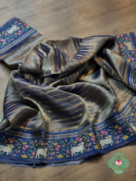 Blue Pure Silver Tissue Silk Saree With Banarasi Stripes, Katan Pallu & Pichwai Embroidery 0